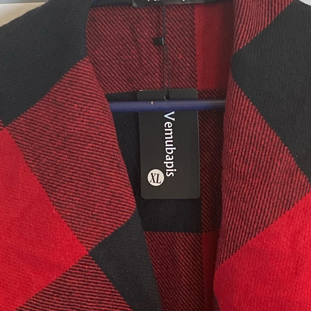 Cabin Core Cozy Red Black Buffalo Check Plaid Open Front Vest Winter Holiday - Picture 4 of 7